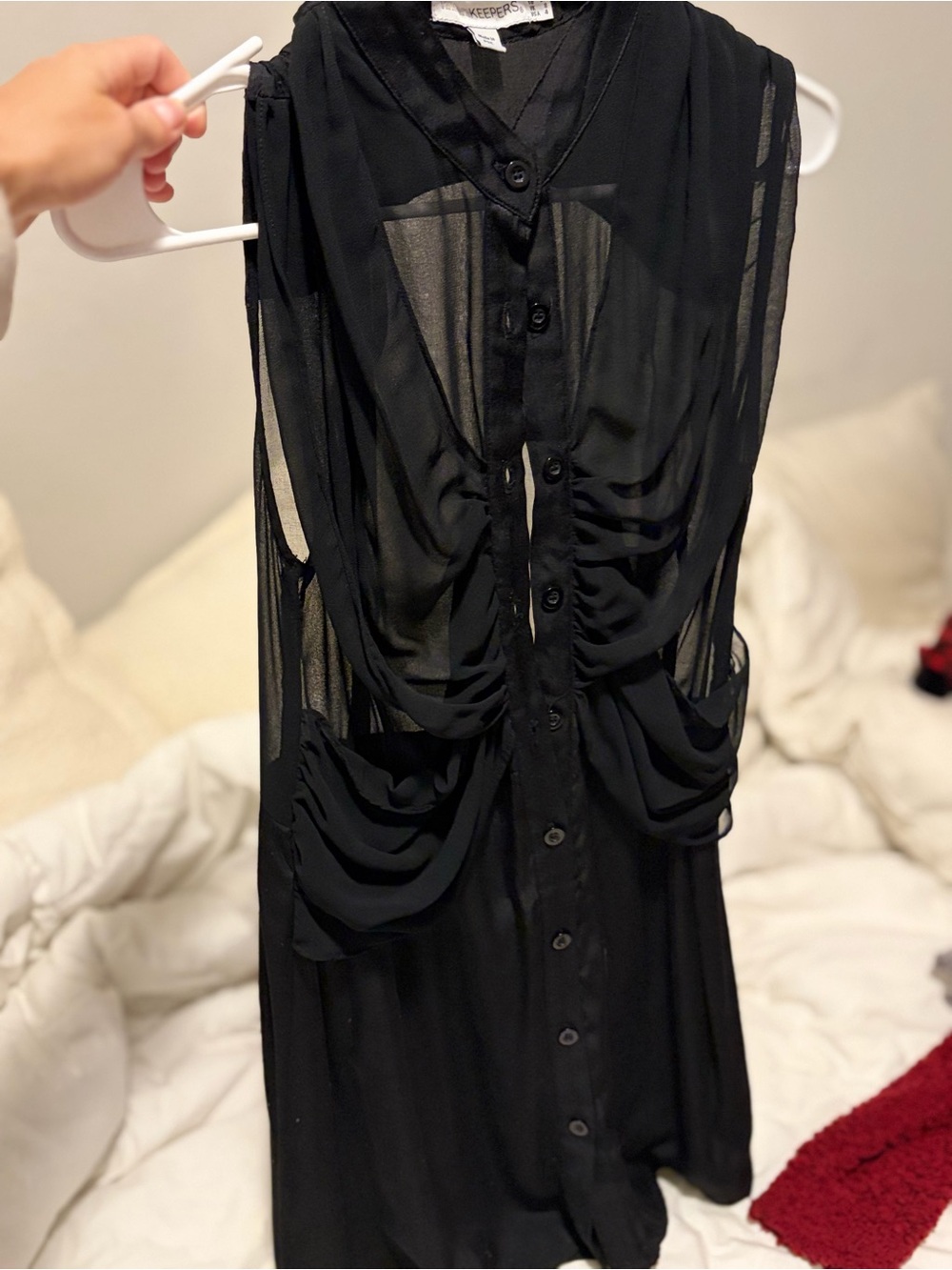 Finders Keepers Black Asymmetrical Sheer Button-Front Dress